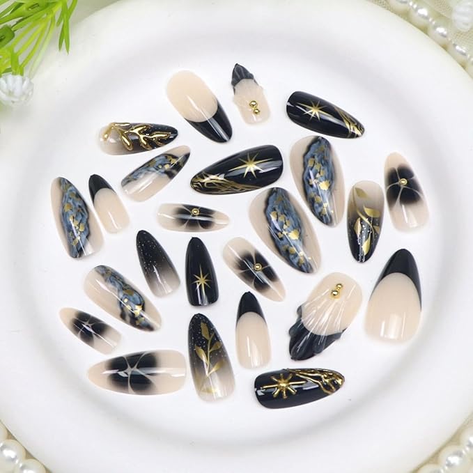 Almond Press on Nails Medium Fake Nails with 3D Leaves Gold Pearl Star Flower Designs French Tip Nails Press ons Black Glue on Nail Glossy Stick on Nail for Women 24 Pcs