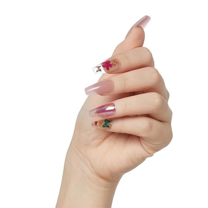 KISS Gel Fantasy Press On Nails, Nail glue included, 'Jelly Cookie', Pink, Long Size, Coffin Shape, Includes 28 Nails, 2g glue, 1 Manicure Stick, 1 Mini File