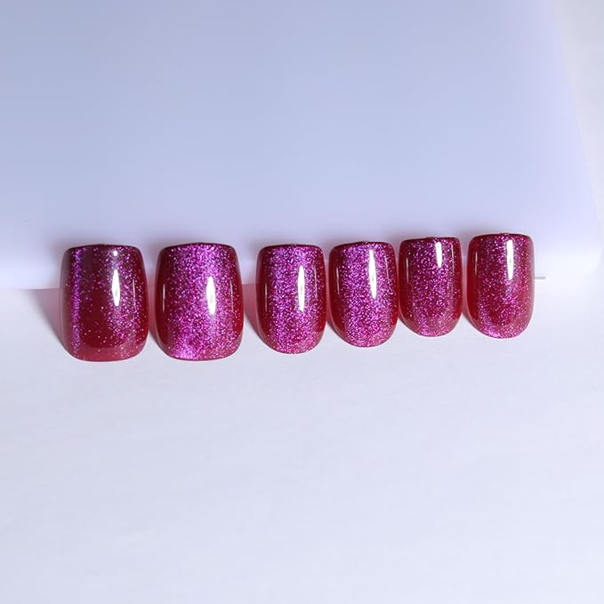 Royal Purple Cat Eye Press On Nails Short Square, Magenta Tone Cat Eye Nail Design, Glossy Soft Gel Press On Nails, Natural Reusable Glue On Nails Kit for Women, 15 Sizes 30 Pcs