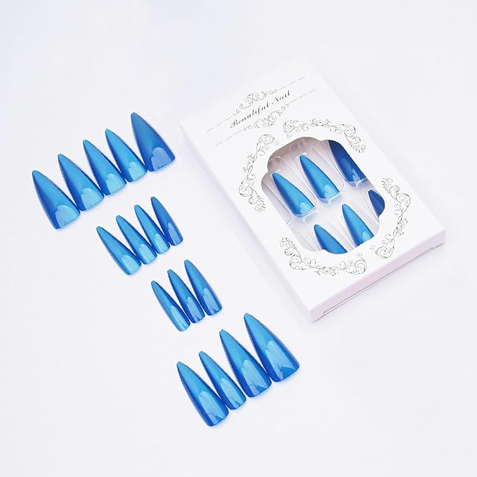 MISUD Press on Nails - Long Stiletto Fake Nails, Acrylic Summer Blue Cat Eye Design 24 pcs