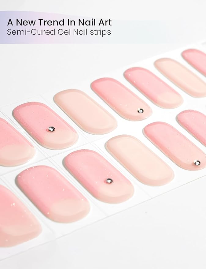 Semi Cured Gel Nail Strips | Built-In Gel Top Coat | UV Light Required | Salon Quality, Easy Application And Removal (Blush Glitter Crescent）