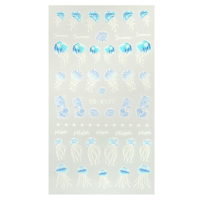 Marble Wave Nail Art Stickers, Ocean Theme Jellyfish Nail Decals Nail Art Design Self Adhesive Nail Supplies for Women Manicure Decoration