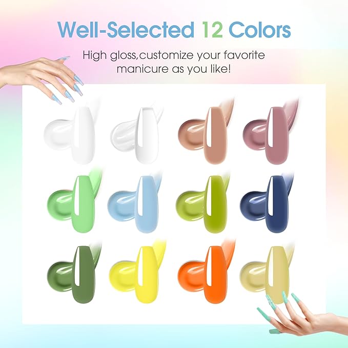 ROSALIND 12 Colors Poly Nail Gel with Mini Nail Lamp Yellow Green Poly Extension Gel Kit 0.34oz/10ml Nails Buider Set with Slip Solution Basic Tools for Beginners with Everything