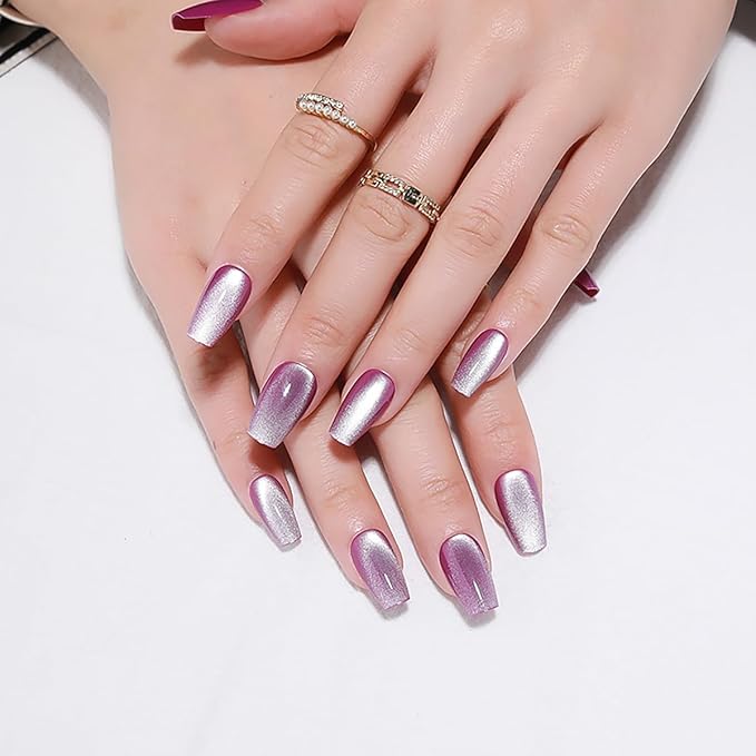 Fall Purple Medium Press On Nails, Cat Eye Coffin Press On Nails, Crystal Glow Design, Ice Glossy Gel Purple Fake Nails, Reusable Acrylic Stick On Nails for Women, Moonlit Amethyst
