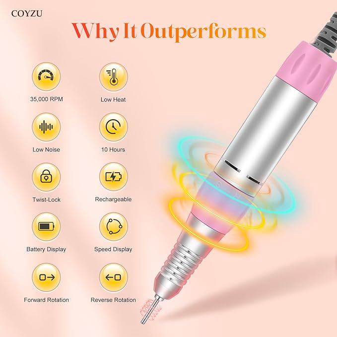 Electric Nail Drill Professional, 35000RPM Nail File Machine with Bits Set & Fast Cooling, Portable for Acrylic Gel Nail Polishing Removing, Manicure Pedicure at Salon & Home Use, Gift for Women