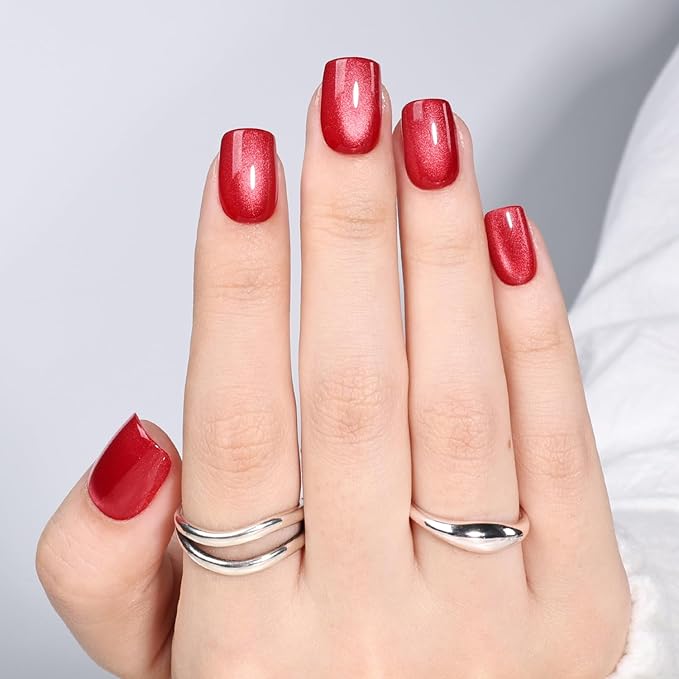 Red Cat Eye Press On Nails - Short Square Press on Nails Crimson Nails Press Ons for Women Glossy Fake Nails Kit with Glue, DIY Glue on Nails Short in 15 Sizes - 30pcs, Velvet Red
