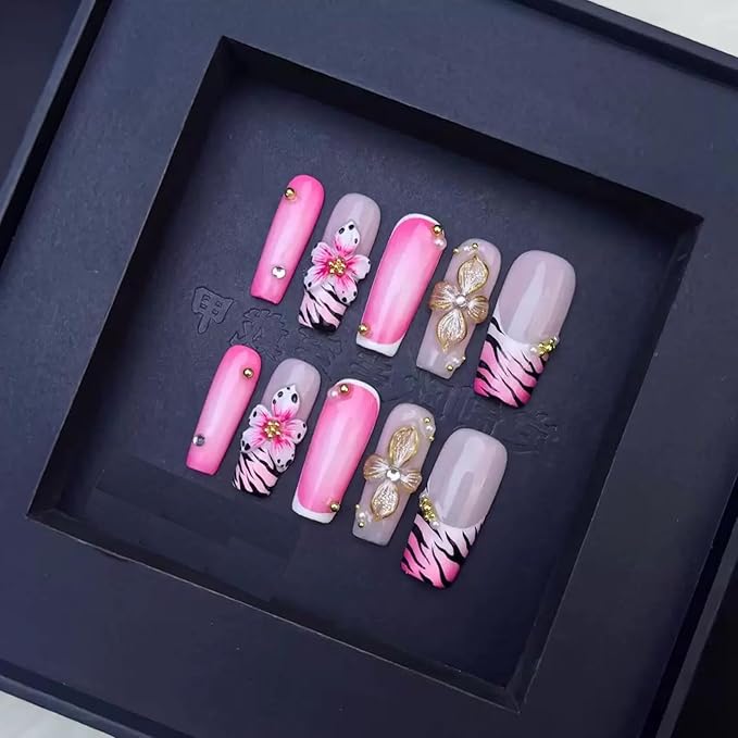 100% 5D Handmade Press on Nails Pink Flower Long Square Fake Nails Press ons Leopard French Tips False Nails Rhinestone Embossed Floral Press on Nails for Women Girls Daily Wear DIY Manicure Size M