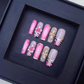 100% 5D Handmade Press on Nails Pink Flower Long Square Fake Nails Press ons Leopard French Tips False Nails Rhinestone Embossed Floral Press on Nails for Women Girls Daily Wear DIY Manicure Size L