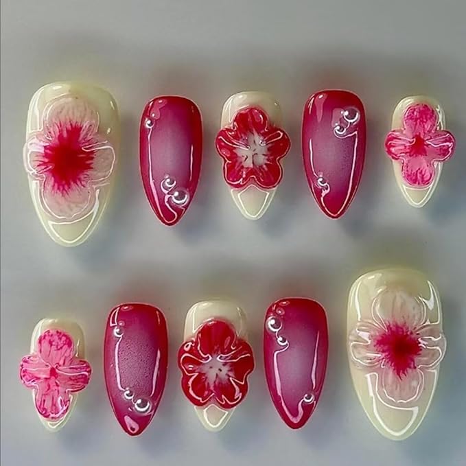 Handmade 3D French Art Press On Nails for Women - Reusable Almond False Nails, 10PCS ABS Artificial Fingernails with Nail Tip Design for Salon & Home Use (Size L)