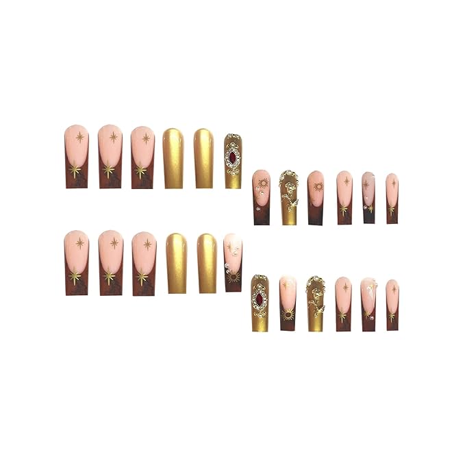 Square Press on Nails Long Gold Fake Nail3D Embossed Acrylic Nail Press ons Red Rhinestones Stick on Nails for Women 24pcs