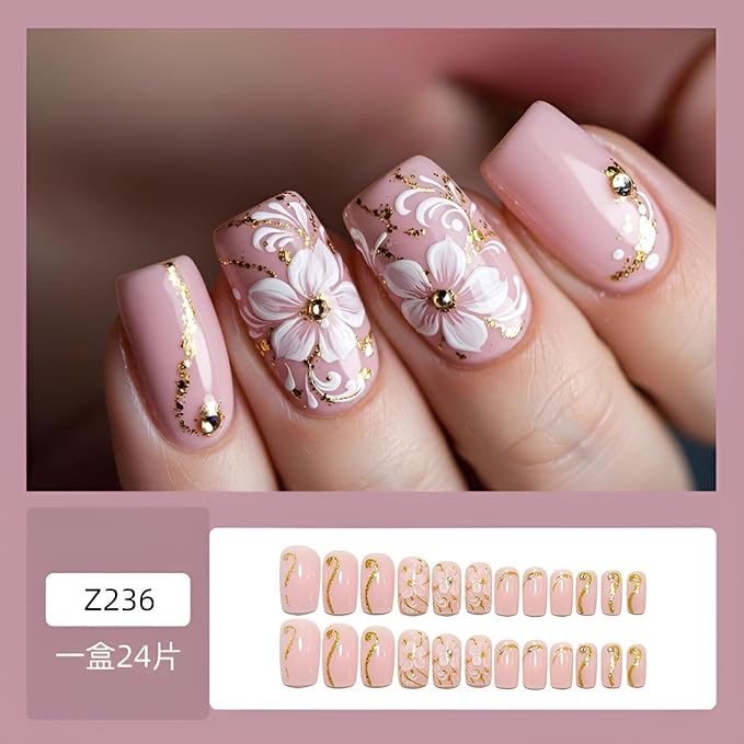 Flower Fake Nails Medium Square Press on Nails Pink False Nails White Flower Nails Press Ons with Rhinestones Design Gold Glitter Line Glue on Nail Glossy Stick on Nail for Women Set 24Pcss