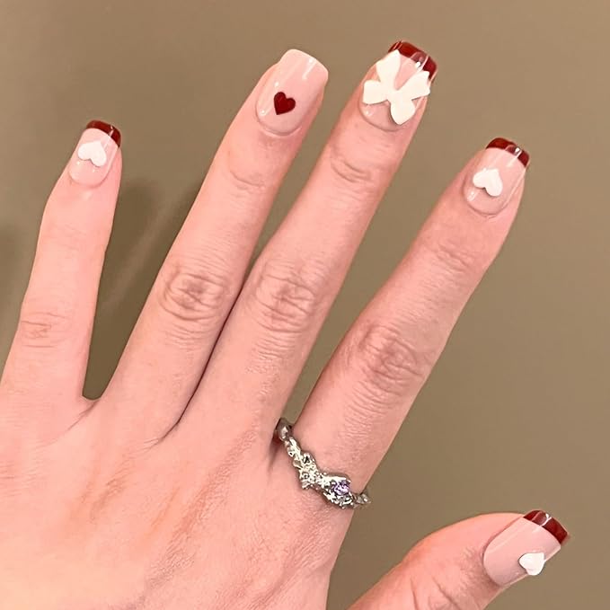 Red French Tip Press on Nails Short - Square Fake Nails with Bow Charms Design - Heart False Nails Press ons - for Women 24 Pcs