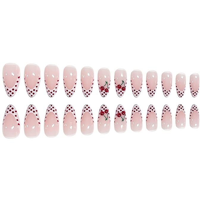 White French Tip Press on Nails Medium Almond MABKJLF Fake Nails False Nails with Red Polka Dots Cherry Designs Glossy Glue on Nail Full Cover Acrylic Nails for Women Girls 24Pcs