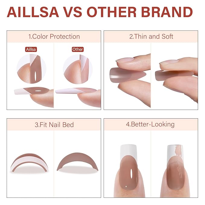 AILLSA French Gel Nail Tips,180 Pcs Long Square French Tip Press On Nails Dark Brown, Pre-Applied Primer & Base Coat, No Need File, Fake Nails Press ons with Designs DIY for Women Gift 15 Sizes