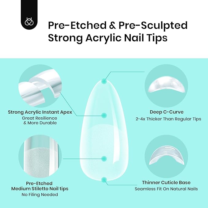 Beetles Tipex Instant Apex Nail Tips Almond Medium 16 Sizes 192 Pcs Pre-Etched Pre-Building Strong Thick Acrylic Tips