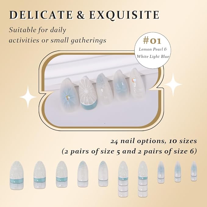 evpct Spring & Summer Press on Nails Medium Almond, Pearl White Blue Fake Nails Press ons 3D Lemon Design, Light Weight Perfectly Fit Fake Nails for Women, Fake Nail Kit with Kits Gel, 24Pcs