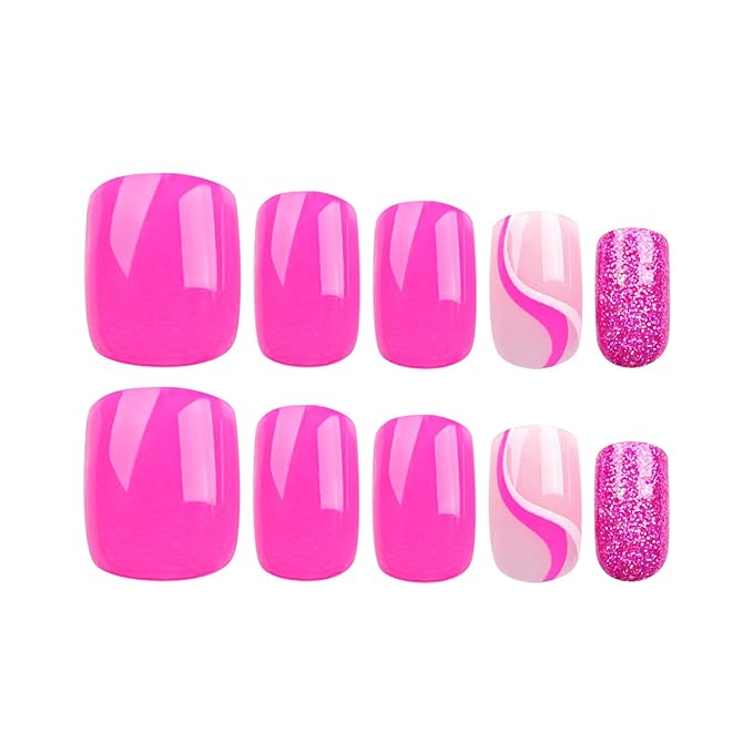Pink Press on Nails Short Square Fake Nails Glossy False Nails Press ons with Swirl Line Design Reusable Artificial Nail Full Cover Glue on Nail Stick on Nails for Women Manicure 24Pcs