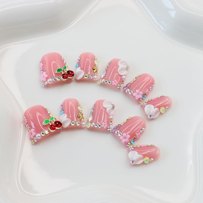 10Pcs Short Pink Press on Nails Handmade Duck Fake Nails with 3D Flower Cherry Rhinestone Design Cute False Nails Artificial Acrylic Nails Press ons Multi-Layer Handmade Stick on Nail for Women (S)