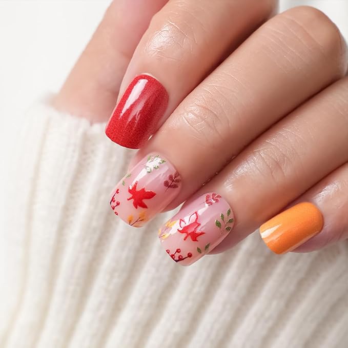 6 Packs (144 Pcs) Christmas Press on Nails Short Square Fake Nails Winter Xmas False Nails with Designs Snowflake Marple Leaves Glue on Nails Full Cover Glossy Acrylic Stick on Nail for Women Manicure