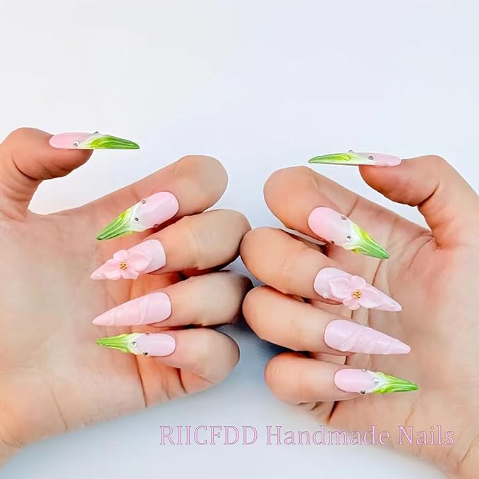 Almond Press on Nails Long Handmade Nails with Glue,Green French False Nails with Luxury Rhinestone 5D Flower Art Design Pink Nail Press ons Muti-Layer Gel Handmade False Nails for Women (Size S)