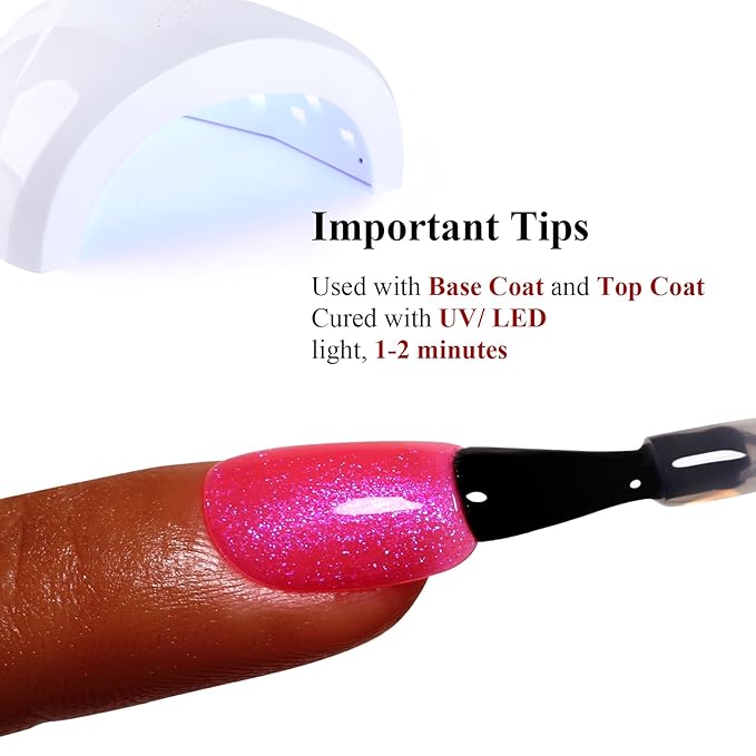 Glitter Gel Polish, Hot Pink Iridescent Glitter Gel Nail Polish Sparkle Shimmer Gel Glitter Nail Polish Summer Rainbow Soak off LED UV Gel Nail Polish for Art DIY Manicure 15ML