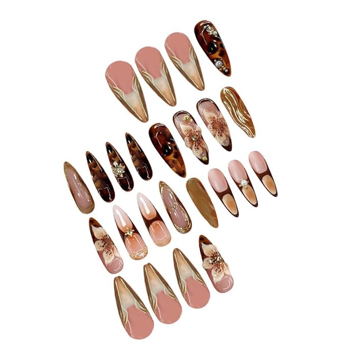 Long Press on Nails Almond Fake Nails Brown False Nails Flowers Artificial Nails with Gold Charm Designs Summer Handmade Nails 3D Floral Stick on Nails for Women 24pcs