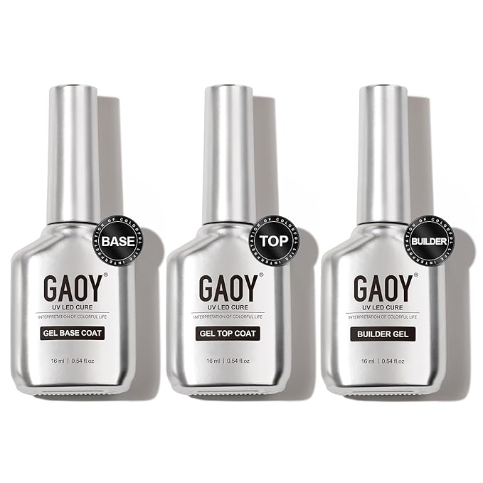 GAOY Gel Top Coat, Builder Gel and Base Coat Set, 3 Pcs 16ml Clear Glossy No Wipe Combination for UV Light Cure