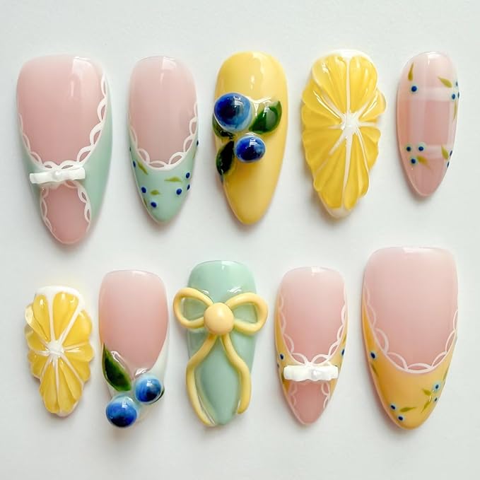 Press On Nails, 10 Pcs Handmade French Almond Fake Nails, Reusable Artificial Cute Fruit Pattern False Nails for Women 3D Acrylic Nails Kit (Size S)