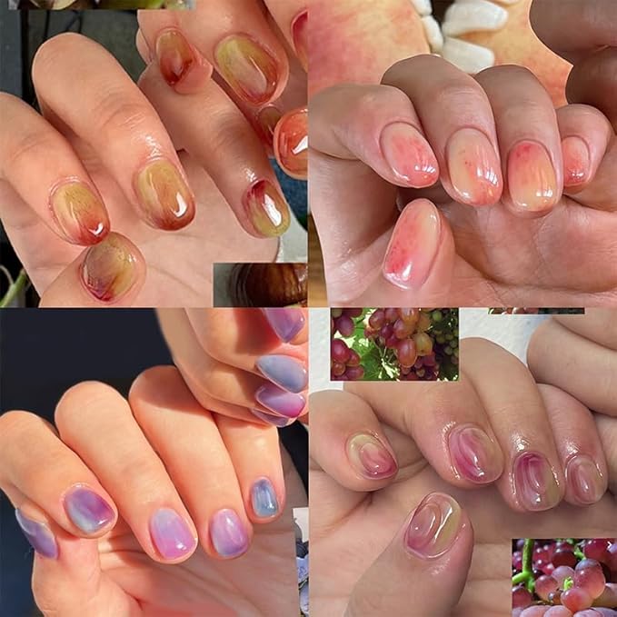 Sweet Grape Press-On Nails - Clear Pink Green Gradient Gel Nail Art, Reusable Adhesive Fake Nails for Women (24pcs)
