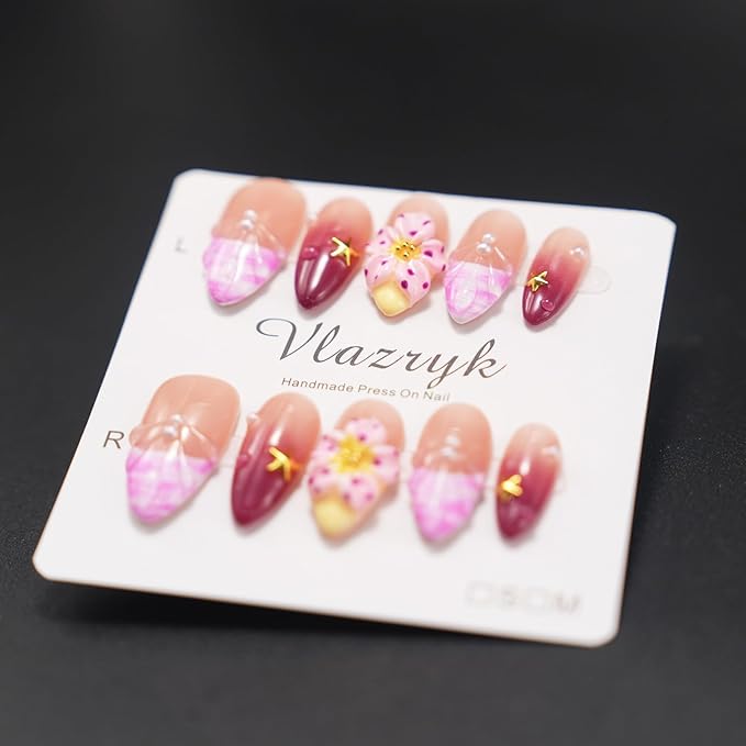 Handmade Press on Nails Wine Red Gradient,French Tip 3D Flower & Pearl Designs,Full Cover Medium Almond Fake Nails,Multi-Layer Gel Acrylic Stick on Nails for Women (10pcs)