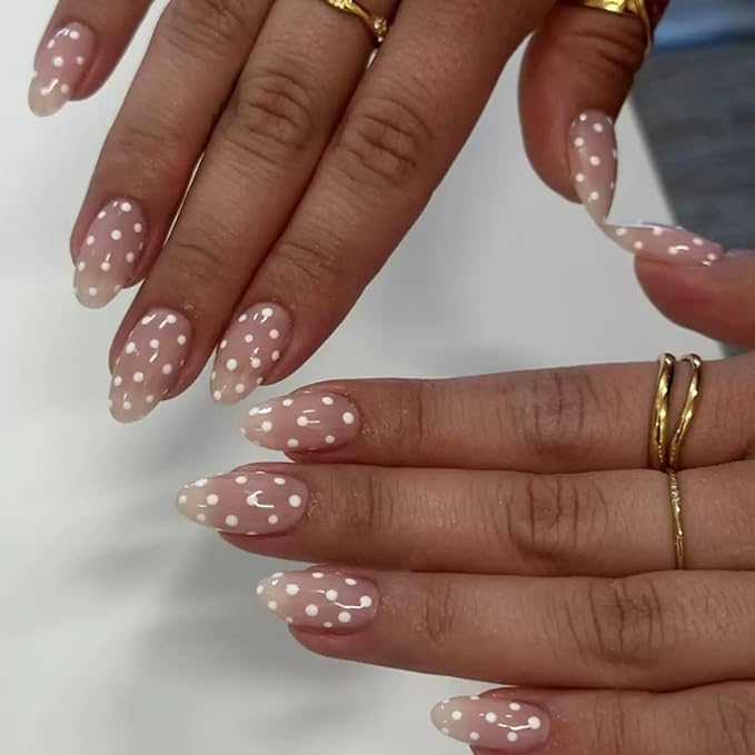 6 Packs (144 Pcs) Press on Nails Medium Almond Fake Nails with Designs Polka Dot Glue on Nails Cute False Nails Full Cover Glossy Acrylic Stick on Nail for Women Girls Manicure