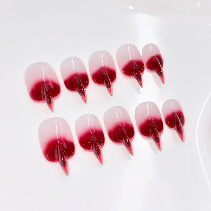 10 Pcs Curved Press on Nails Stiletto Medium Cat Claw False Nails Luxury 3D Red French Tip Cat Claw Handmade Fake Nails Thick Red Gradient Designs Glossy Acrylic Glue on Nail (S)