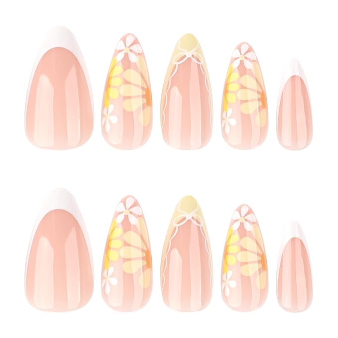 evpct Flower French Tips Press on Nails Short Almond for Women Gift, Nude + Yellow Tips, Glossy Soft Gel Press Stick on Nail with Nail Kit, Supremely Fit Full Cover, Reusable Acrylic Fake Nails Kit