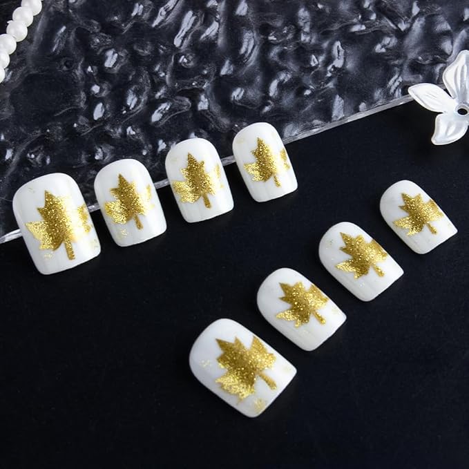 Fall Press on Nails Short Square Fake Nails Gold Maple Leaf False Nails Press ons with Golden Metal Leaf Design-Reusable Artificial Nail Full Cover Stick on Nails for Women Manicure 24Pcs