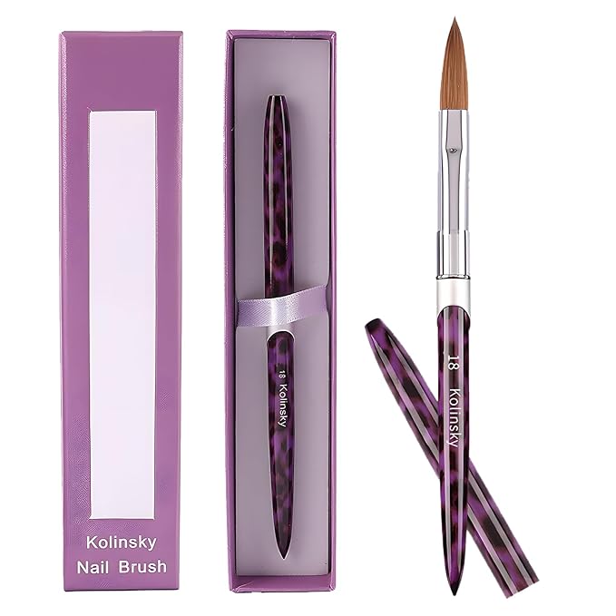 Acrylic Nail Brush Size 18, 100% Kolinsky 3D Art Nail Brush with Purple Leopard Print Metal Handles, Art Design Powder Nail Brush Pen for Nails Extension & Carving, Acrylic Application Tools