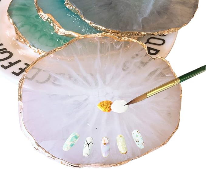 JASSINS Resin Nail Art Palette,Nail Art Painting Mixed Color Palette Gold Edge Nail Gel Color Makeup Display Board (White)