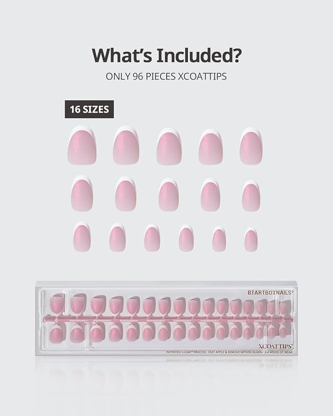 BTArtboxnails XCOATTIPS French Tip Press On Nails - Pink Glitter Base Short Oval Press On Nails, 96 Pcs Salon Quality Soak Off Soft Gel Nail Tips Extension in 16 Sizes