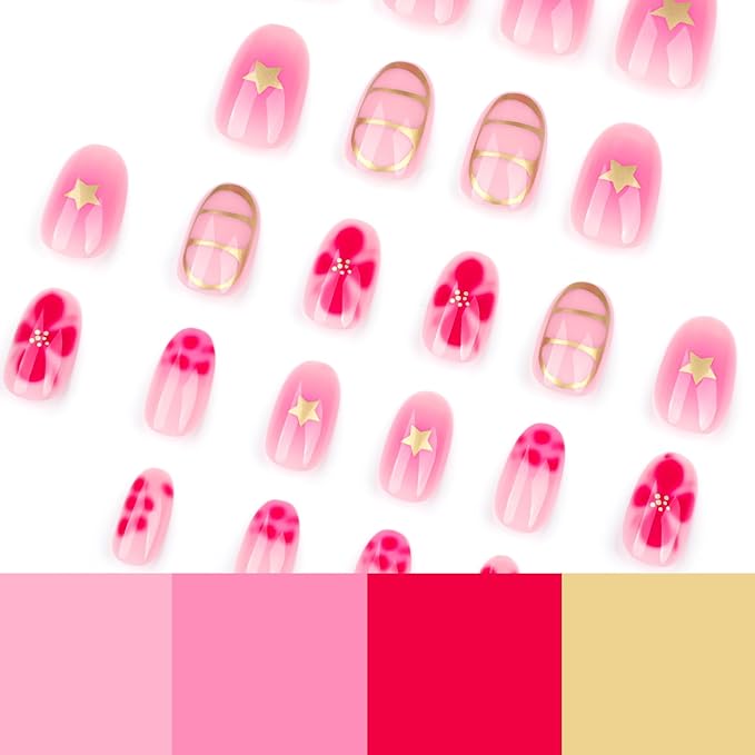 Pink Press On Nails Short Oval, Summer Fall Fake Nails Featuring Petal Designs and Gold Detailing, Glossy Gel Finish Acrylic Nails, Thick Reusable Glue On Nails Kit for Women, Gilded Blossom