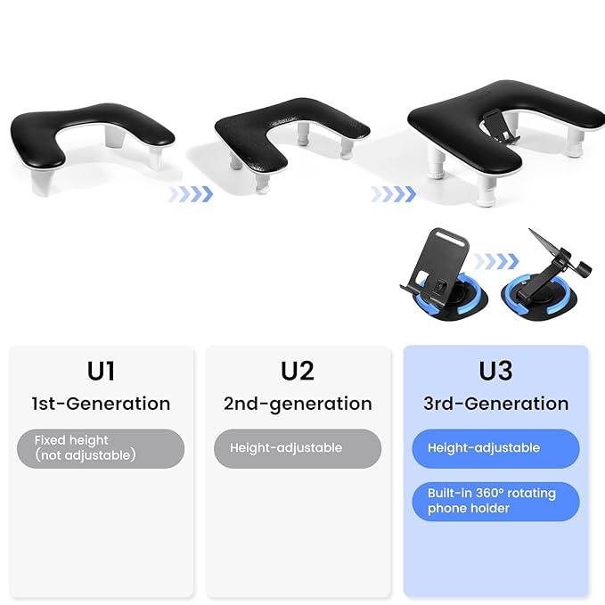 Arm Rest for Nails Tech: 3rd Generation Manicure Nail Arm Rest with Rotating Phone Stand, U-Shaped Height Adjustable Hand Rest Pillow for Acrylic Nails Black