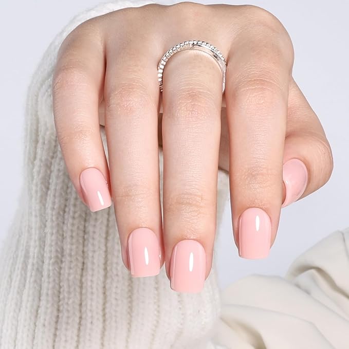 Press on Nails Short - Square Nails Press ons for Women, Reusable Glossy Nude Pink Glue On Nails 30 Pcs 15 Sizes Fake Nails Kit with Glue, Soft Blush