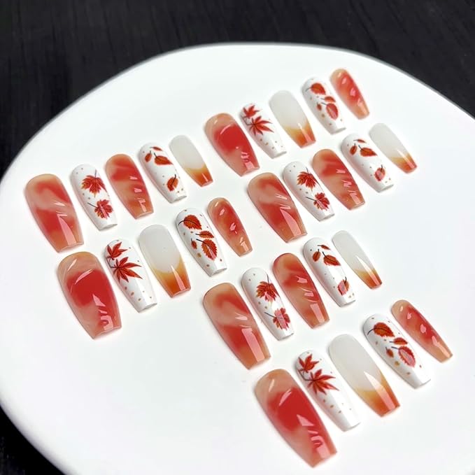 30Pcs Fall Press on Nails Medium Coffin Fake Nails Maple Leaf False Nails with 3D Ripple Designs Orange French Tip Maple Leaves Stick on Fingernails Autumn Thanksgiving Acrylic Nails for Women