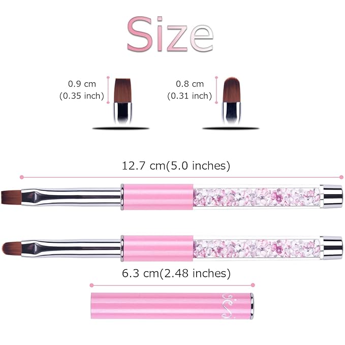2Pcs Oval & Flat UV Builder Gel Nail Brush Set Rhinestone Handle Polygel Hard Gel Nail Art Brushes Pink