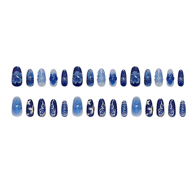 Blue Press on Nails Medium Almond Fake Nails Flower Butterfly Full Cover Glue on Nails with Silver Star Designs Stick on Nails Blue Bow Artificial False Nail Decor for Women Manicure Supplies 30pcs