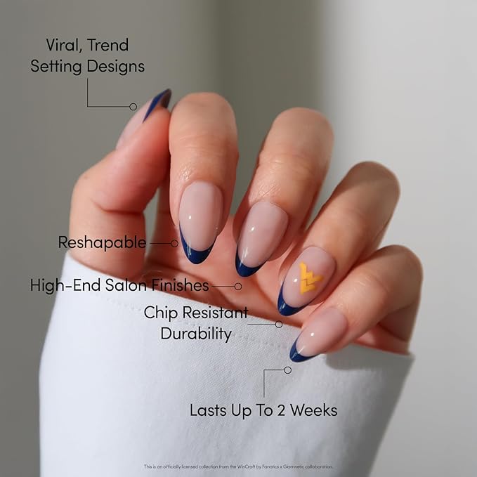 Glamnetic x Fanatics Press On Nails - West Virginia Mountaineers | Short Almond Fake Nails, Collegiate Mountaineer Blue French Tips, College Nails, Salon-Quality | 15 Sizes - 30 Nail Kit with Glue