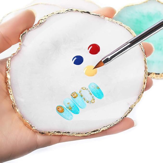 AUOCATTAIL Nail Art Design Tools - 15pcs Painting Brushes Set with 5pcs 2-way Dotting Pens & Gold-rimmed Resin Palette, White