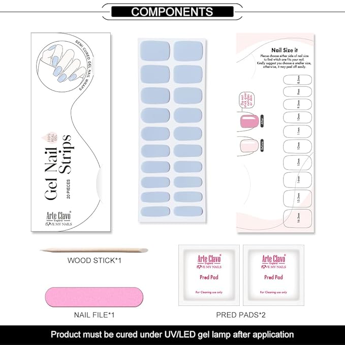 Arte Clavo Semi Cured Gel Nail Strips, 20 Pcs Gel Nail Stickers with UV Light Required, Salon Quality, Long Lasting, Easy Apply and Remove (Baby Blue)