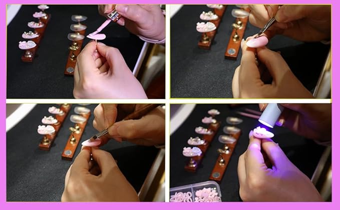 24Pcs Handmade Press on Nails,3D Pink Bow Medium Length Almond Shape Fake Nails with White Flower,Cute Manicure Kit for Women and Girls