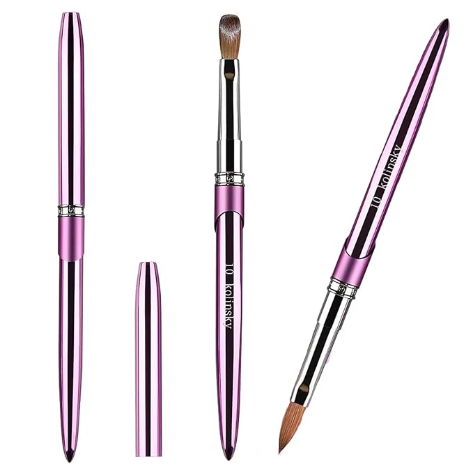 100% Pure Kolinsky Acrylic Nail Brush Size 10, Hair Acrylic Crystal Chrome Purple with Silver Ferrule Round Shaped for Women Girls Manicure Tools Accessories