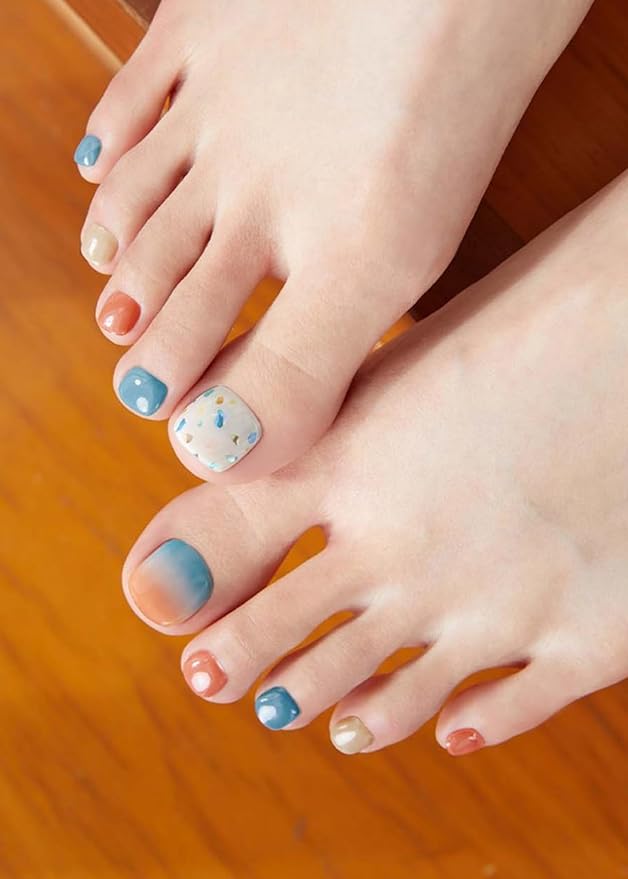 ohora Semi Cured Gel Pedi Strips (P Before Sunset) - Blue/Orange, Pattern, Works with UV/LED Lamps, Salon-Quality, Long Lasting, Easy to Apply & Remove - Includes 2 Prep Pads, Nail File & Wooden Stick