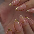 French Tips Press on Nails Almond Fake Nails with Gold Line Design Glue on Nails Removable Acrylic Nails Glossy Full Cover Stick on Nails for Women 24 Pcs